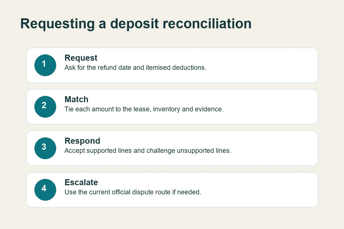 Flow for requesting and challenging a Bahrain rental deposit deduction