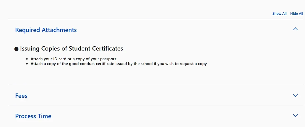 Official Bahrain service page listing the attachments for student certificate copies