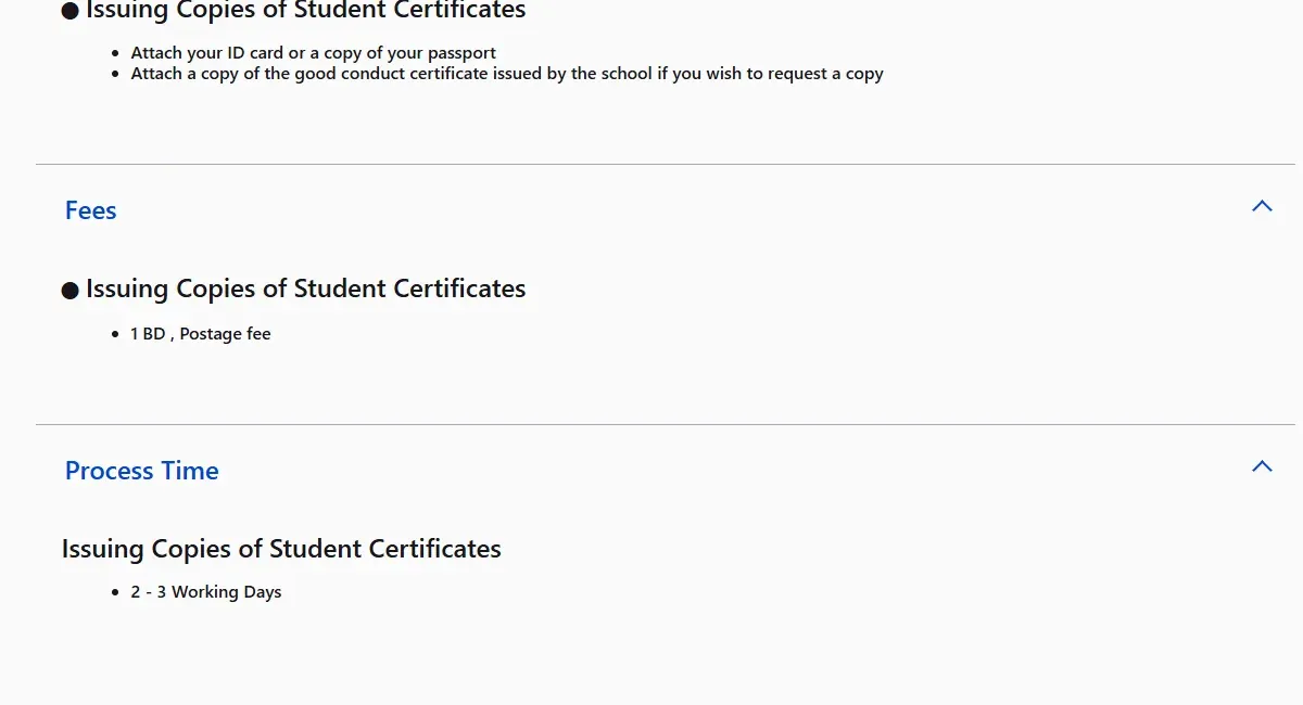 Official Bahrain service page showing BHD 1 postage and 2 to 3 working days for student certificate copies