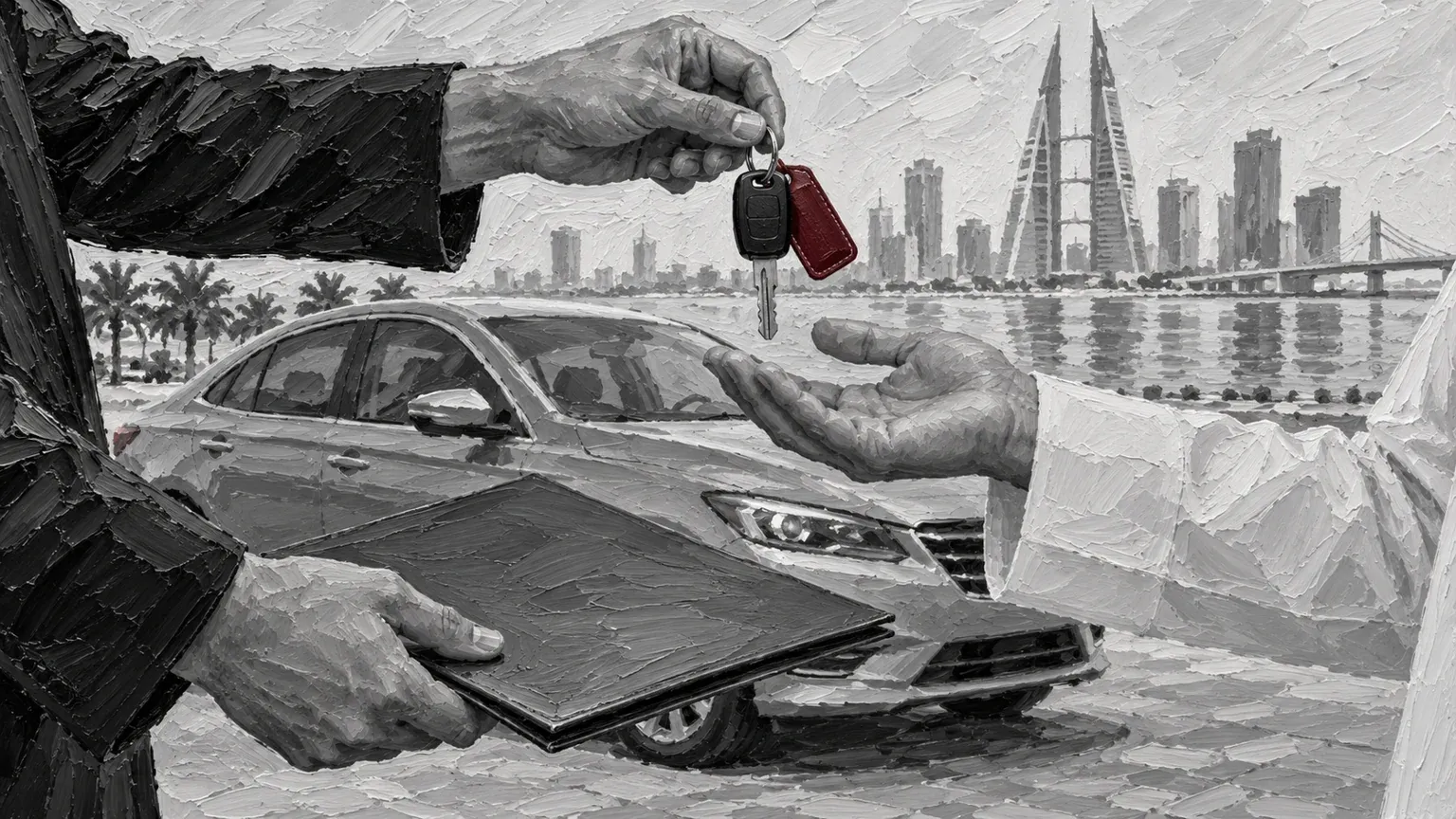 Original hand-painted illustration for bahrain vehicle ownership transfer
