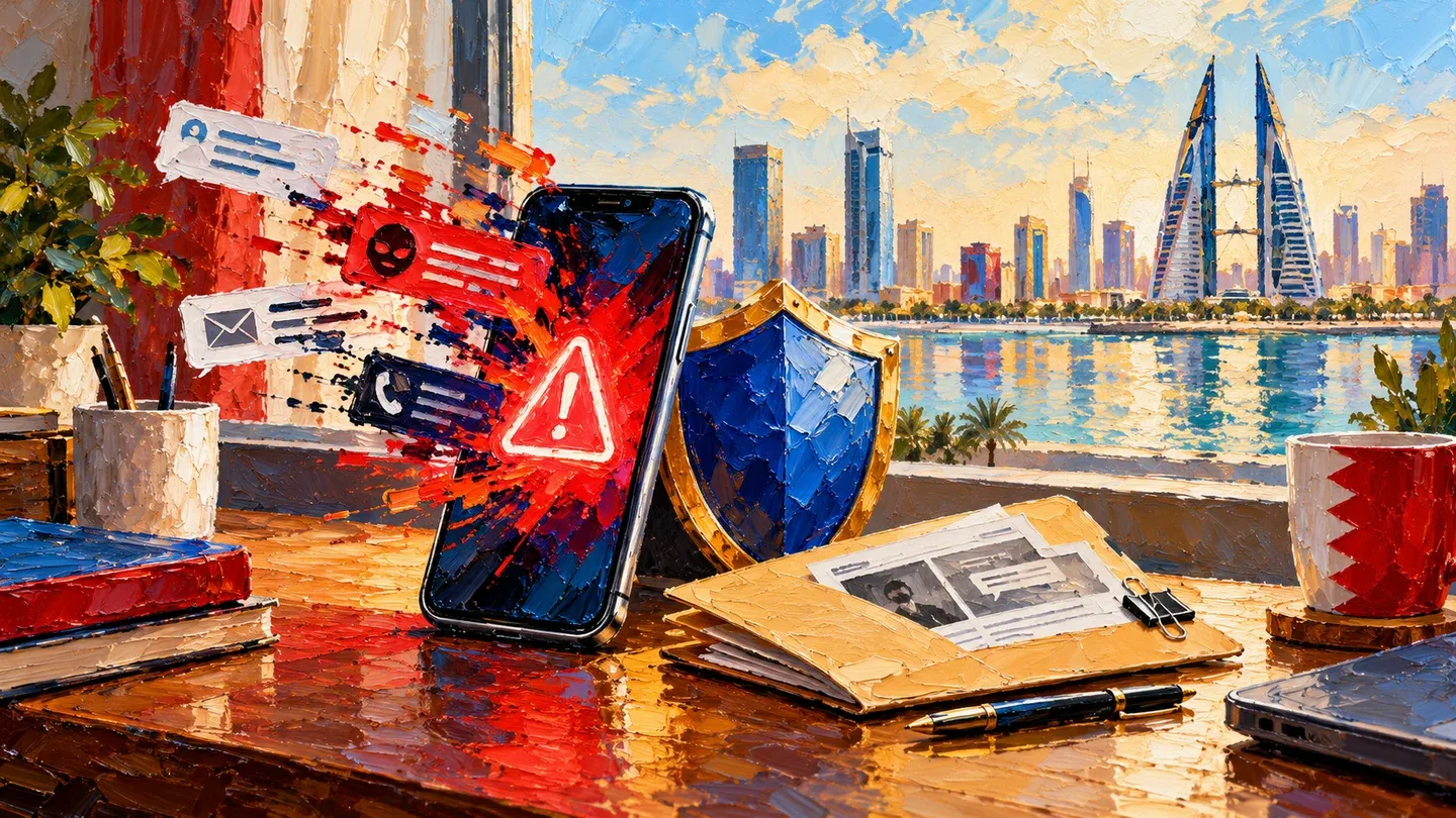 Painted impasto scene of a phone scam warning, protective shield and evidence folder overlooking Manama
