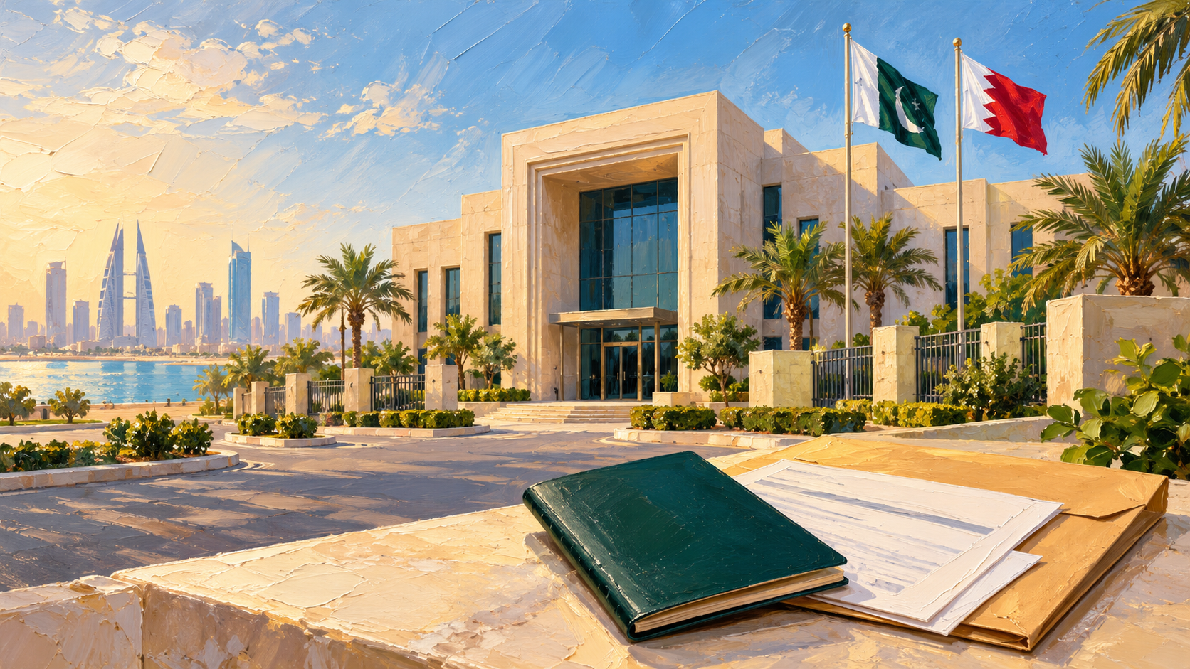 Painted diplomatic building with Pakistan and Bahrain flags, a passport and neatly arranged consular documents