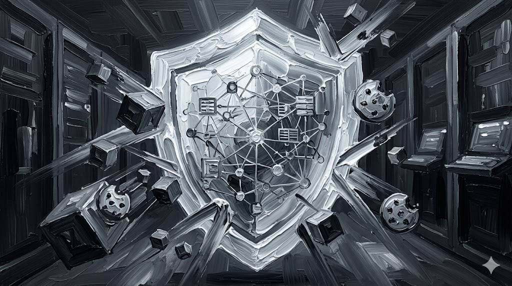 Privacy-first web development 2026 concept showing encrypted data shield protecting enterprise web architecture