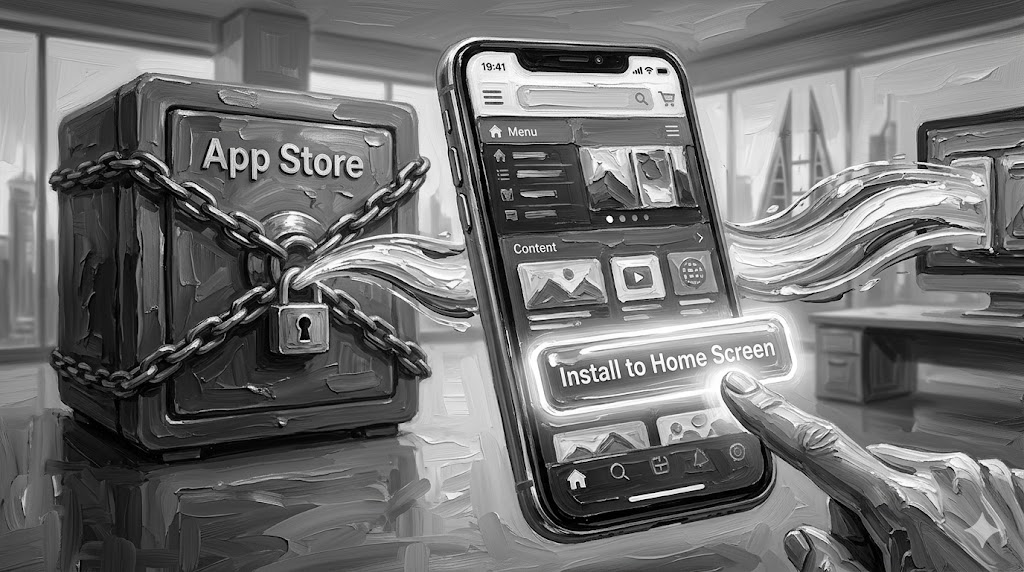PWA development Bahrain 2026 concept showing a web app bypassing traditional app stores to install directly on a smartphone