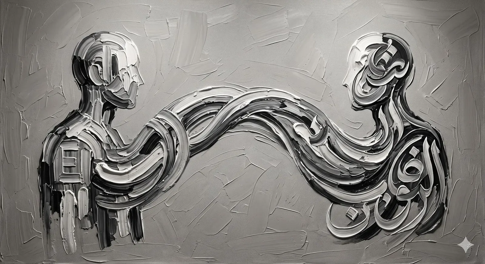 Bilingual cultural resonance illustration: English and Arabic figures connected by flowing brushstrokes