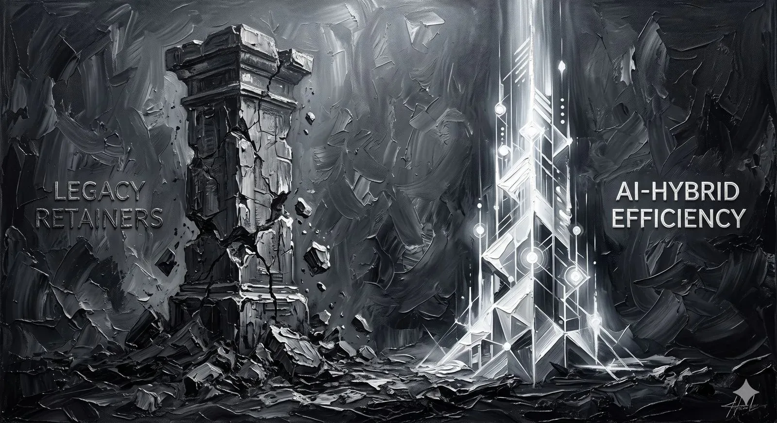 Legacy retainers crumbling pillar versus AI-hybrid efficiency luminous structure