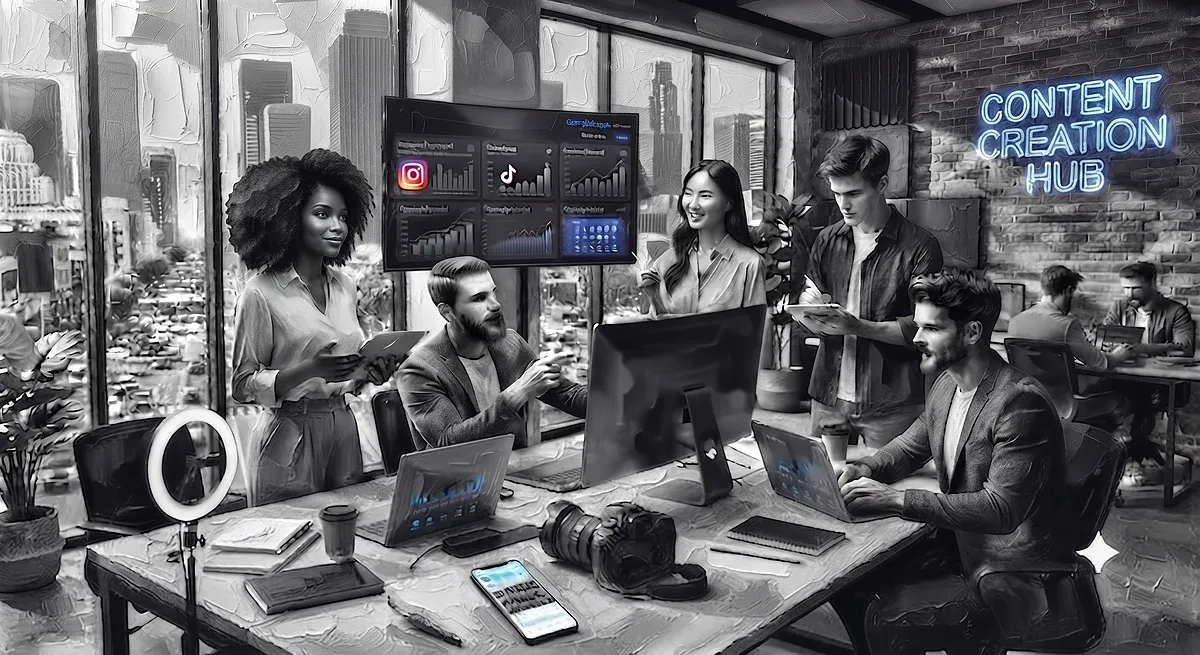 Monochromatic content creation hub — diverse team of five social media strategists collaborating around dashboards showing Instagram, TikTok, and multi-platform analytics, with a Content Creation Hub neon sign glowing behind them; textured monochrome editorial style with subtle blue accent