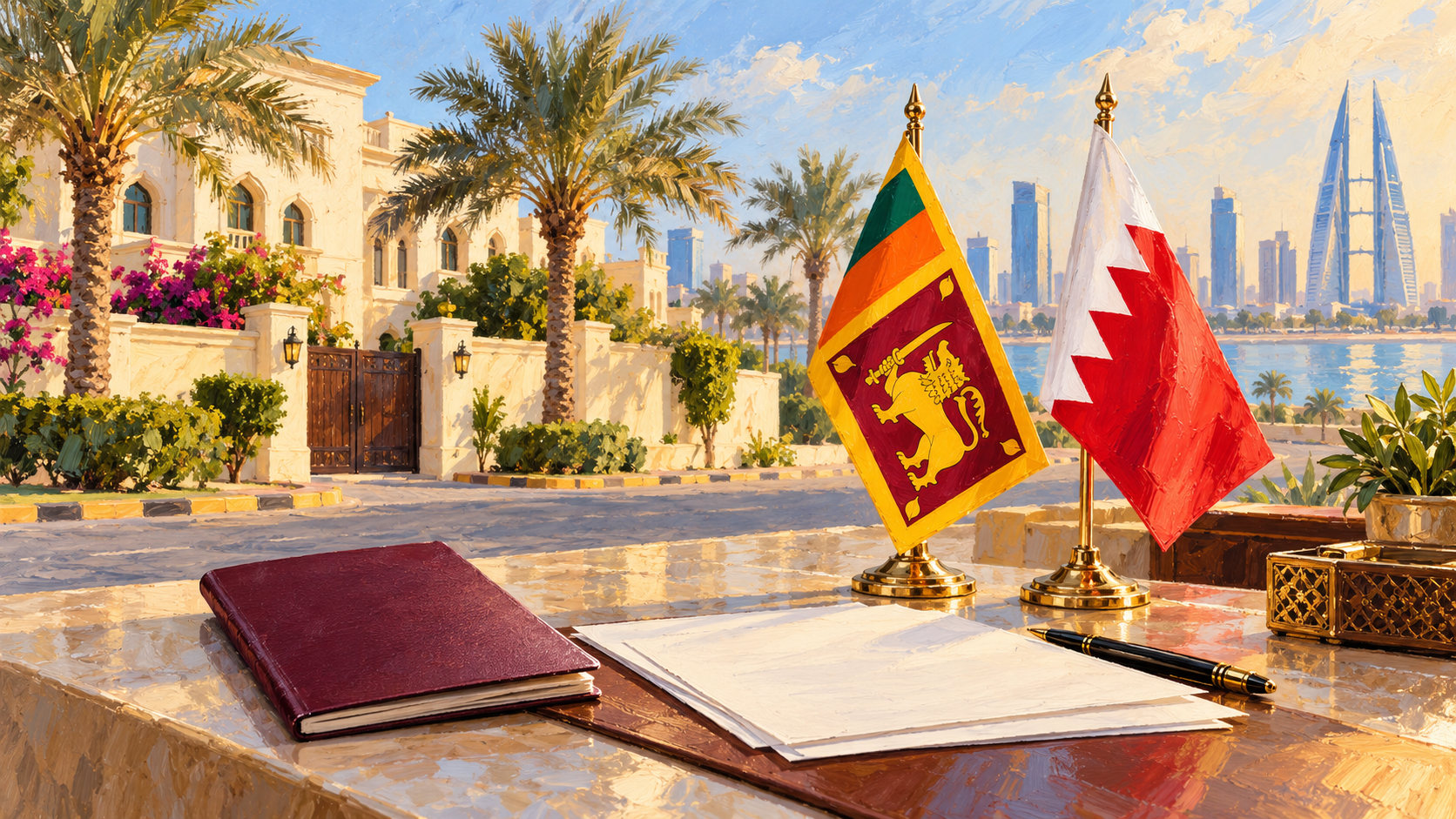 Painted Bahrain street scene with the Sri Lankan and Bahraini flags beside a passport and consular documents