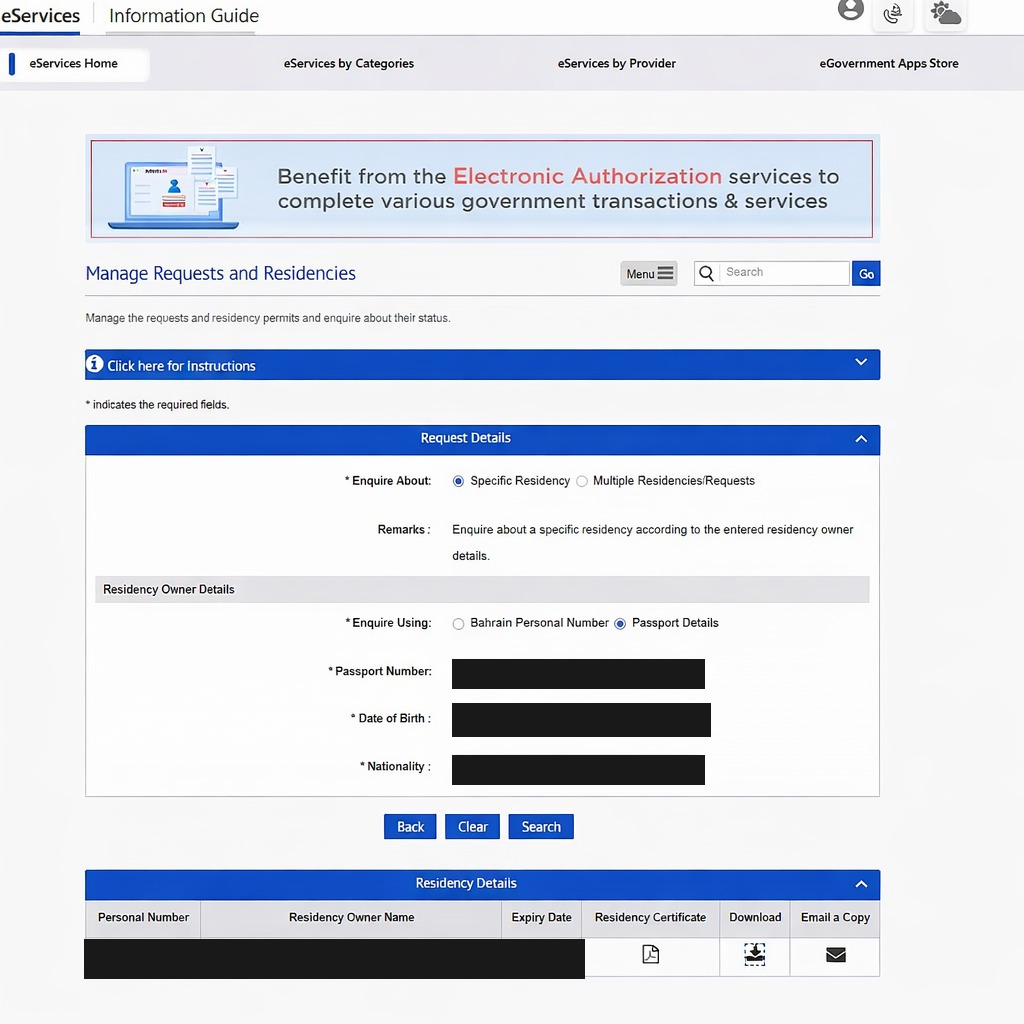 Bahrain Manage Requests and Residencies form showing Request Details section with Specific Residency selected and Residency Owner Details section with Passport Details option containing fields for passport number date of birth and nationality plus search results table displaying Personal Number CPR residency owner name expiry date and download icons for Residency Certificate