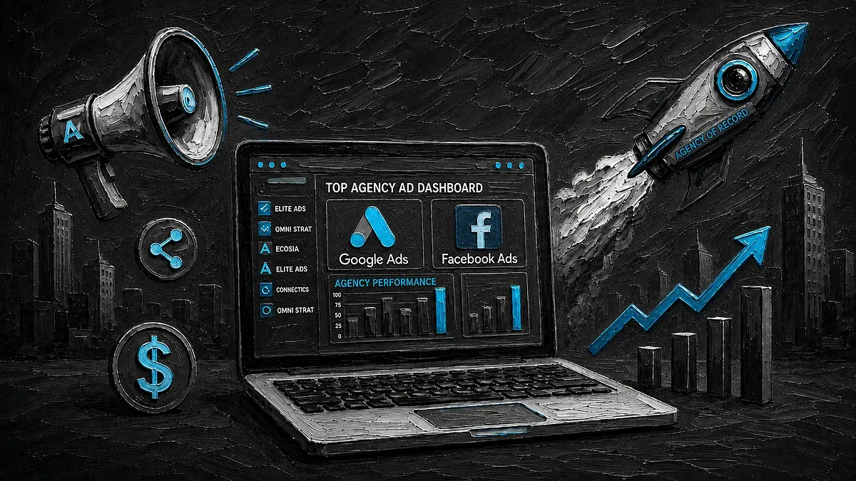 Top digital ad agencies 2026 procurement analysis — monochromatic impasto illustration of an agency ad dashboard with Google Ads and Facebook Ads performance panels, megaphone, growth arrow and agency-of-record rocket