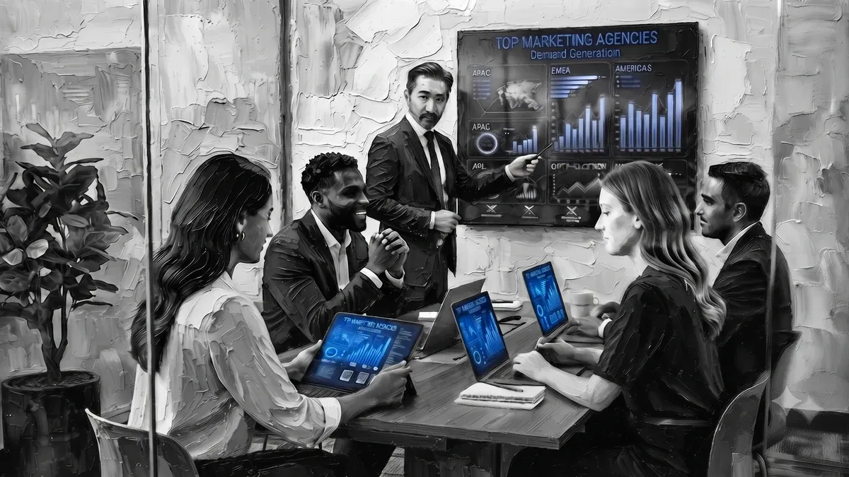 Top marketing agencies 2026 global market valuation and forecast — monochromatic impasto data-oil-painting style visual