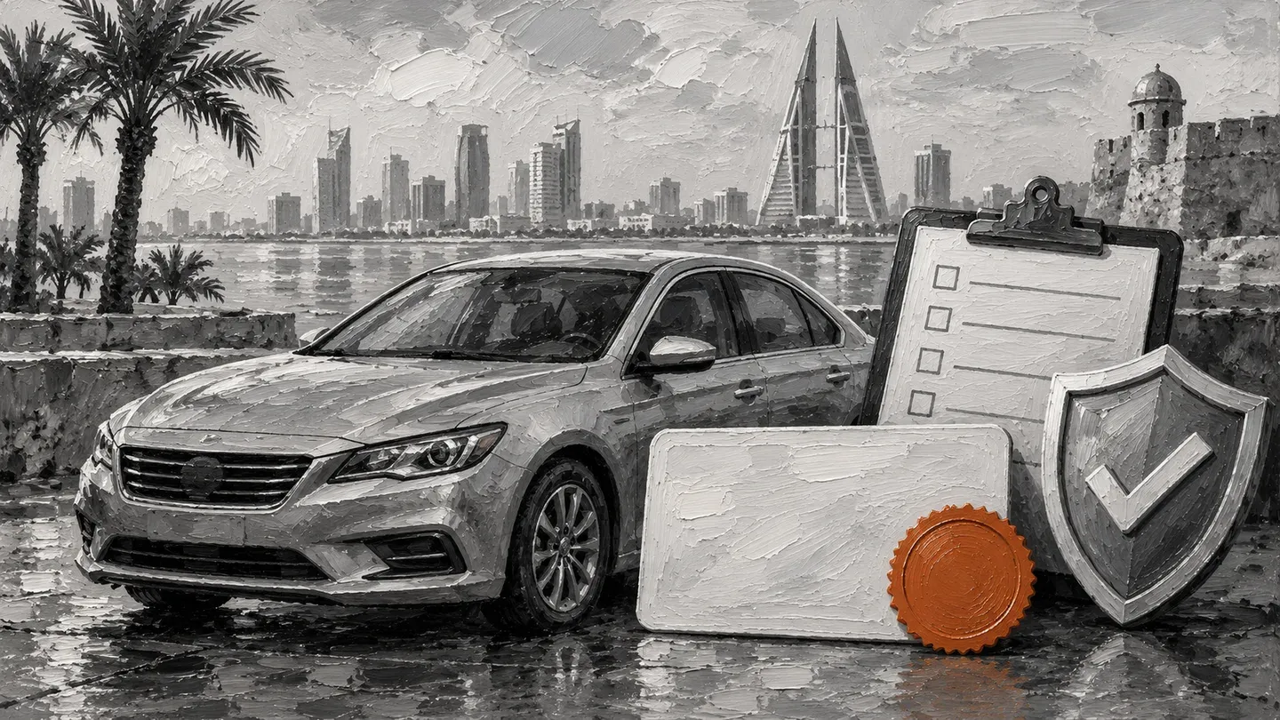Thick grayscale painting of a car, blank registration card, inspection clipboard and shield with one rust-orange seal