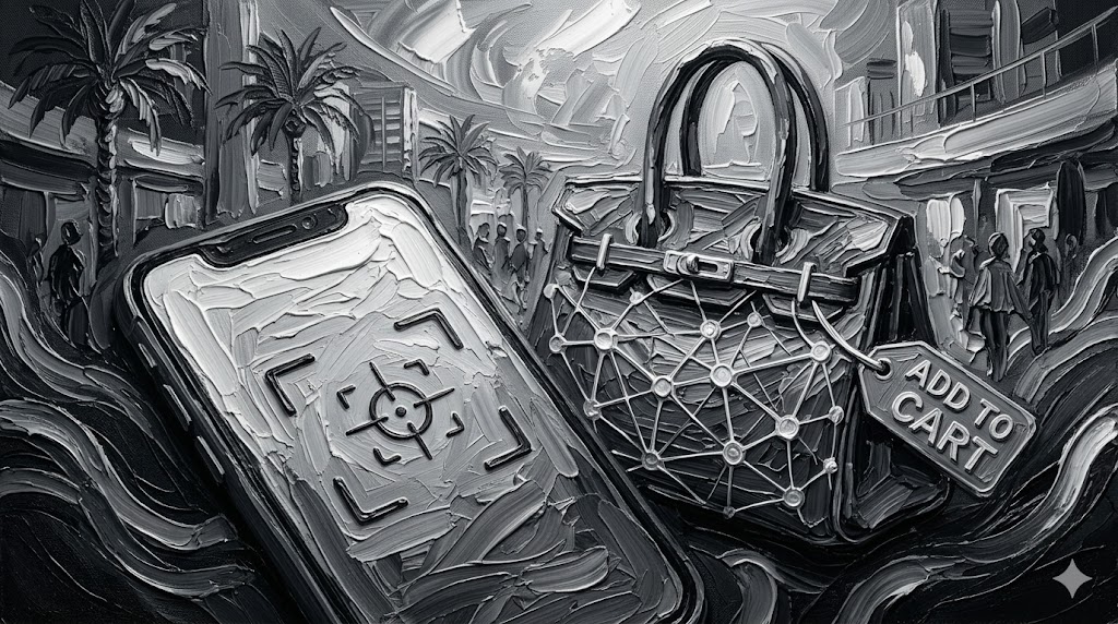 Visual search SEO Bahrain 2026 concept showing mobile phone using Google Lens to scan and identify a retail product