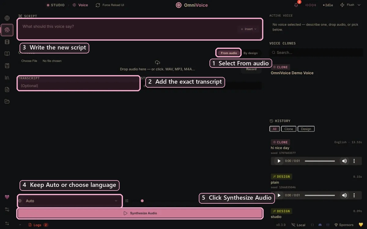Older OmniVoice v0.3.9 interface: the voice cloning workspace with numbered labels for From audio, the transcript box, the script box, the language menu and the Synthesize Audio button