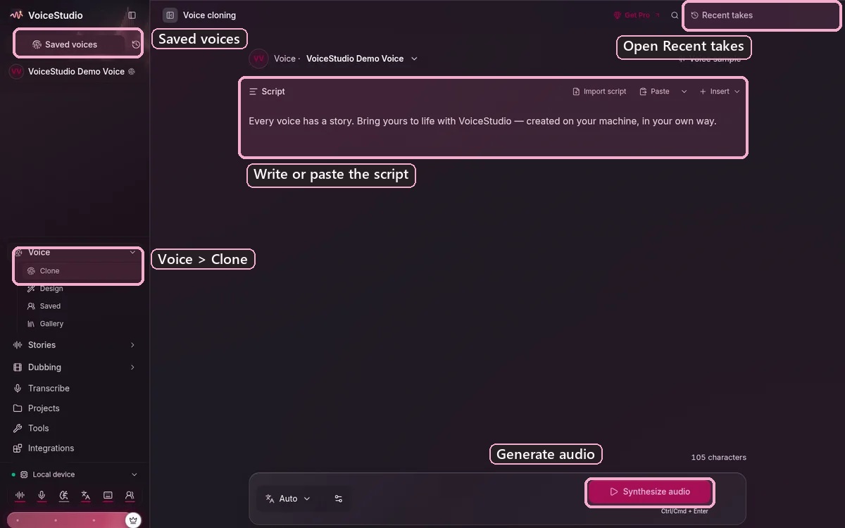 VoiceStudio Voice cloning page with labels for Saved voices, Voice and Clone in the menu, the Script box, Recent takes and the Synthesize audio button