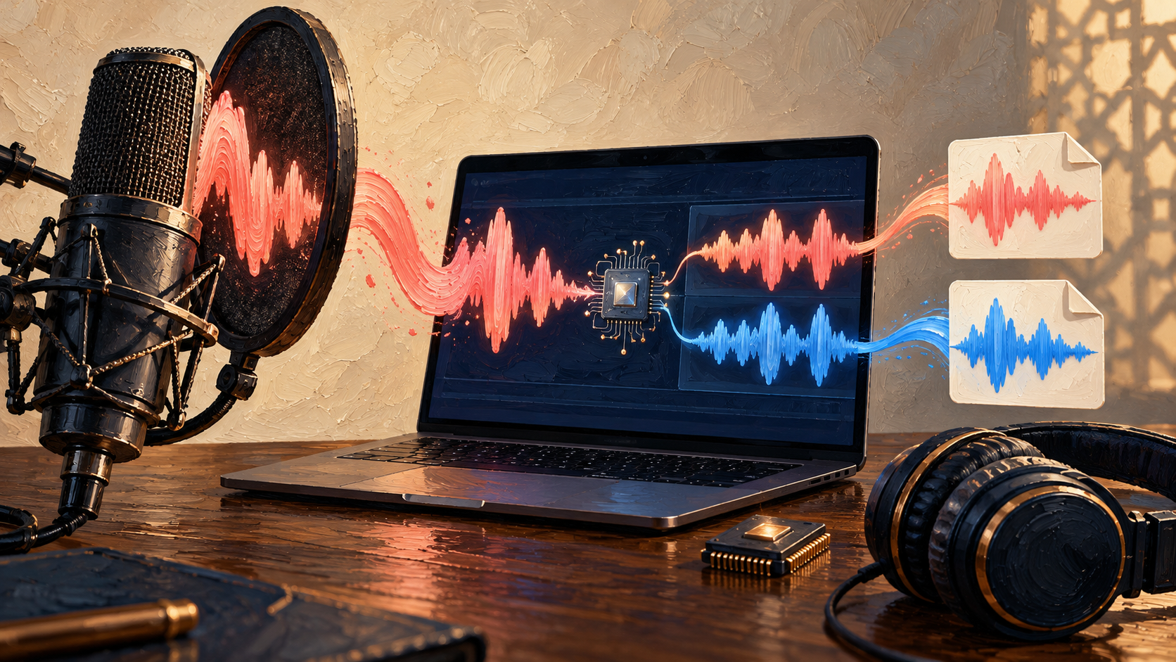 Painted illustration of a studio microphone sending a coral sound wave into a laptop with a small chip on screen, which turns it into matching coral and blue waveforms saved as audio files, with headphones on the desk