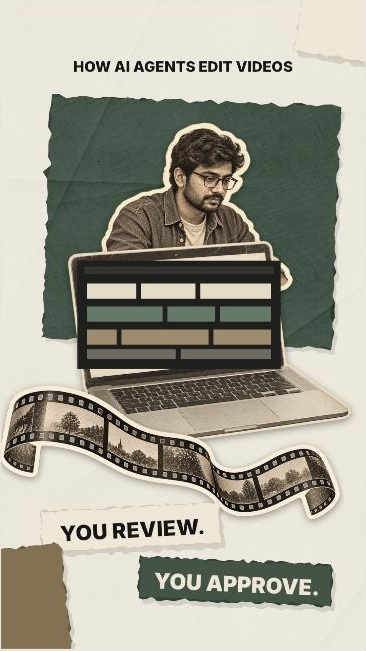 A paper-cut style collage: a man at a laptop on torn green paper, a film strip below, and the labels You review and You approve