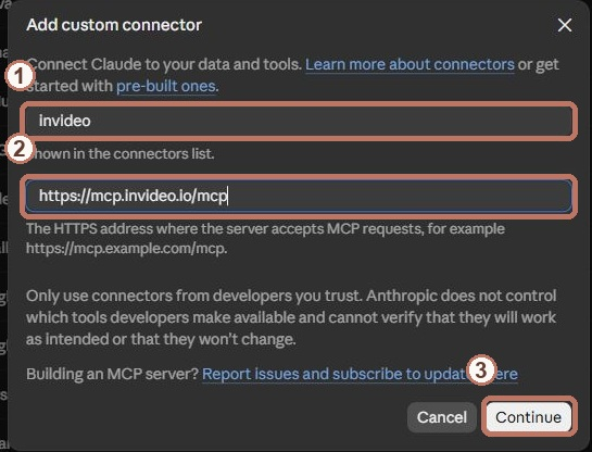 Claude's Add custom connector window with the name invideo and the invideo server URL filled in