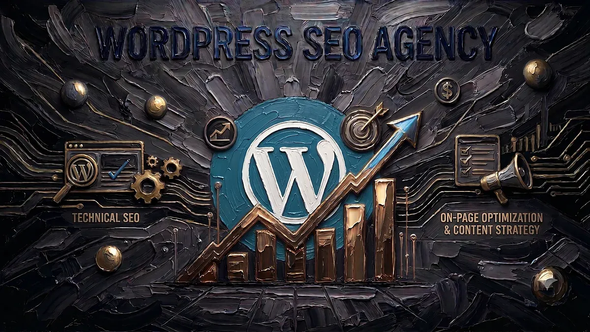 WordPress SEO agency 2026: impasto textured artwork of the WordPress logo above a rising growth chart, with technical SEO and content strategy elements in bronze on dark relief